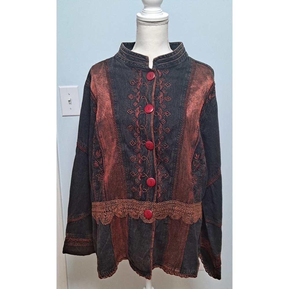 Vintage boho black denim crochet embroidered Flashback jacket womens size 2X
